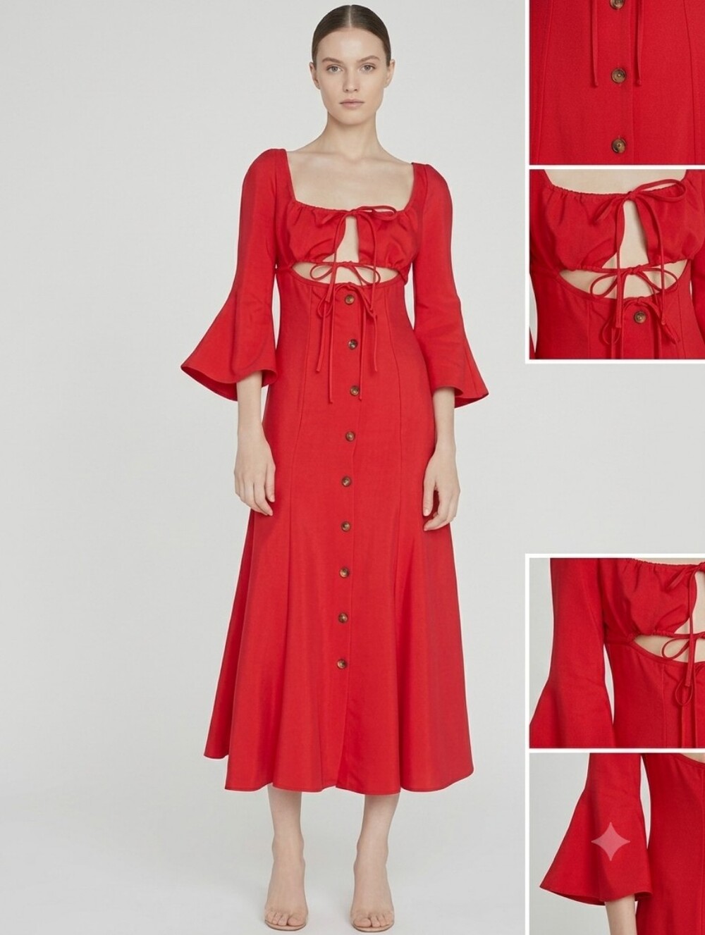 Rosie Assoulin Red Cutout Bell Sleeve Front Tie Button Maxi Dress Size 4 Luxury